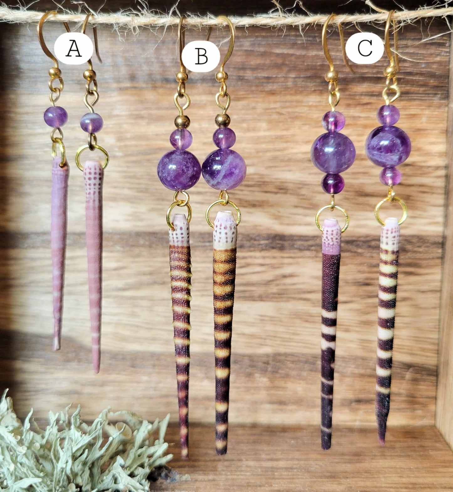 Gold Tone Urchin Spine and Amethyst Earrings
