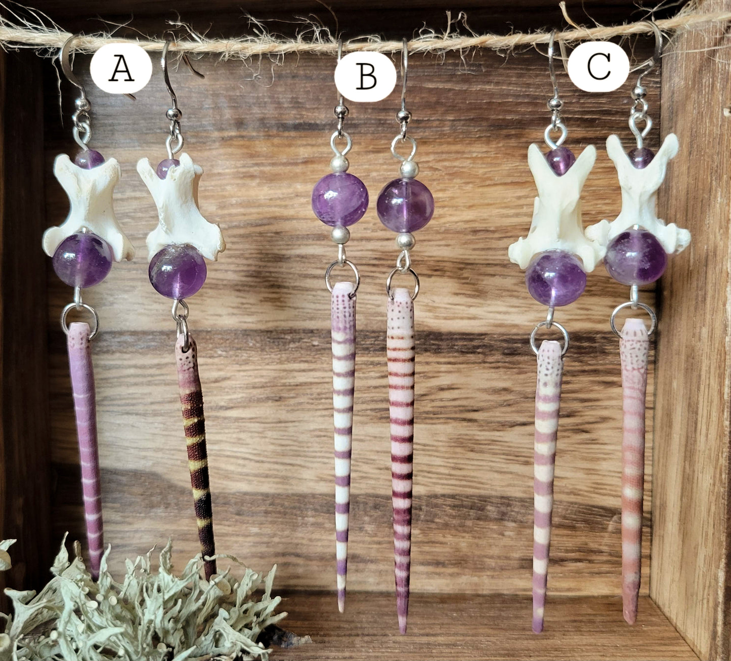 Silver Tone Urchin Spine and Amethyst Earrings