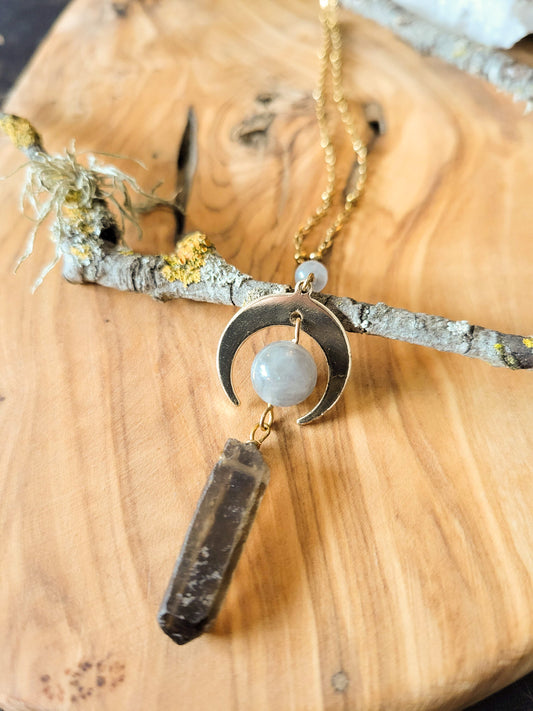 Smokey Quartz Gold Moon Necklace