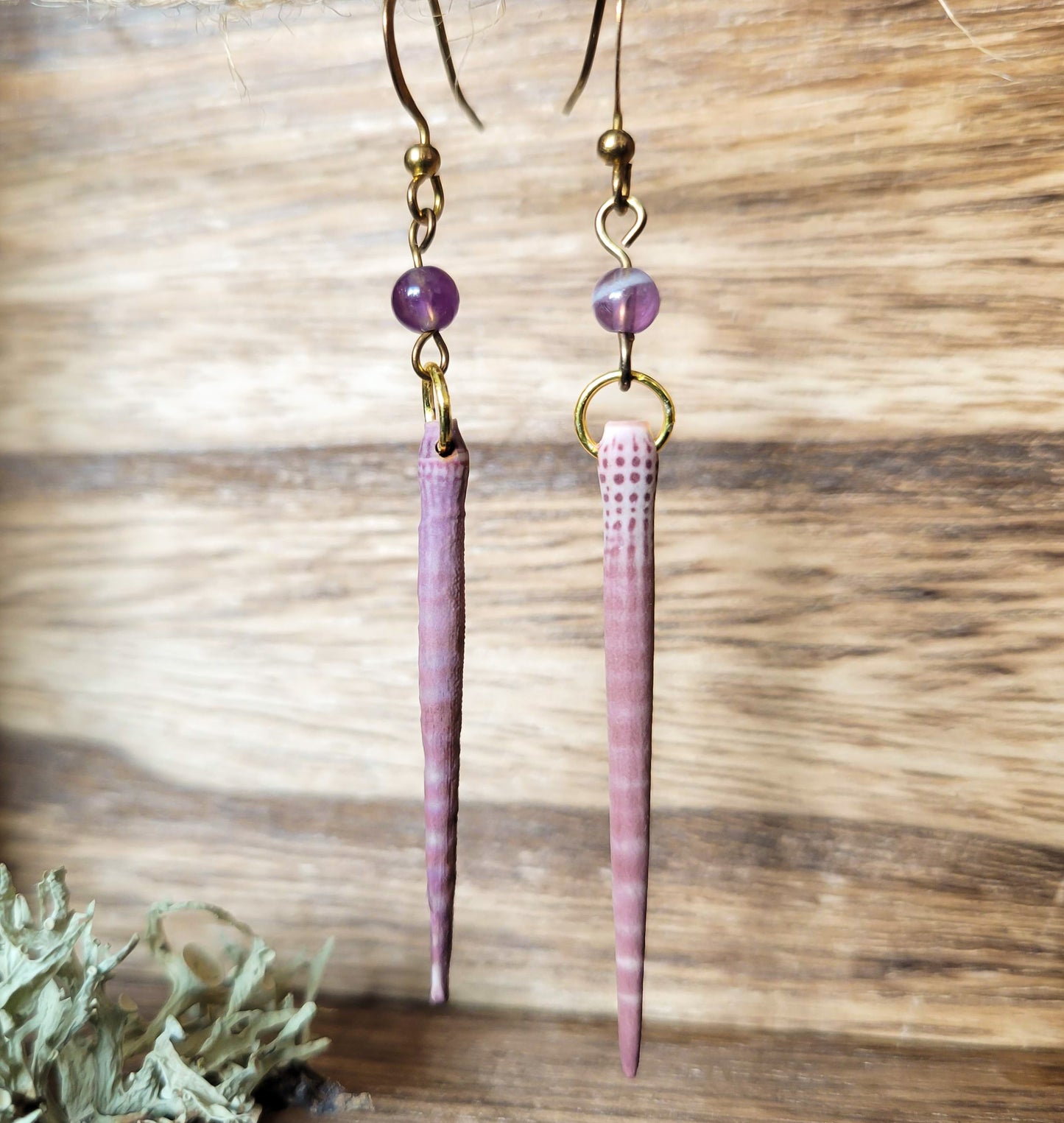 Gold Tone Urchin Spine and Amethyst Earrings