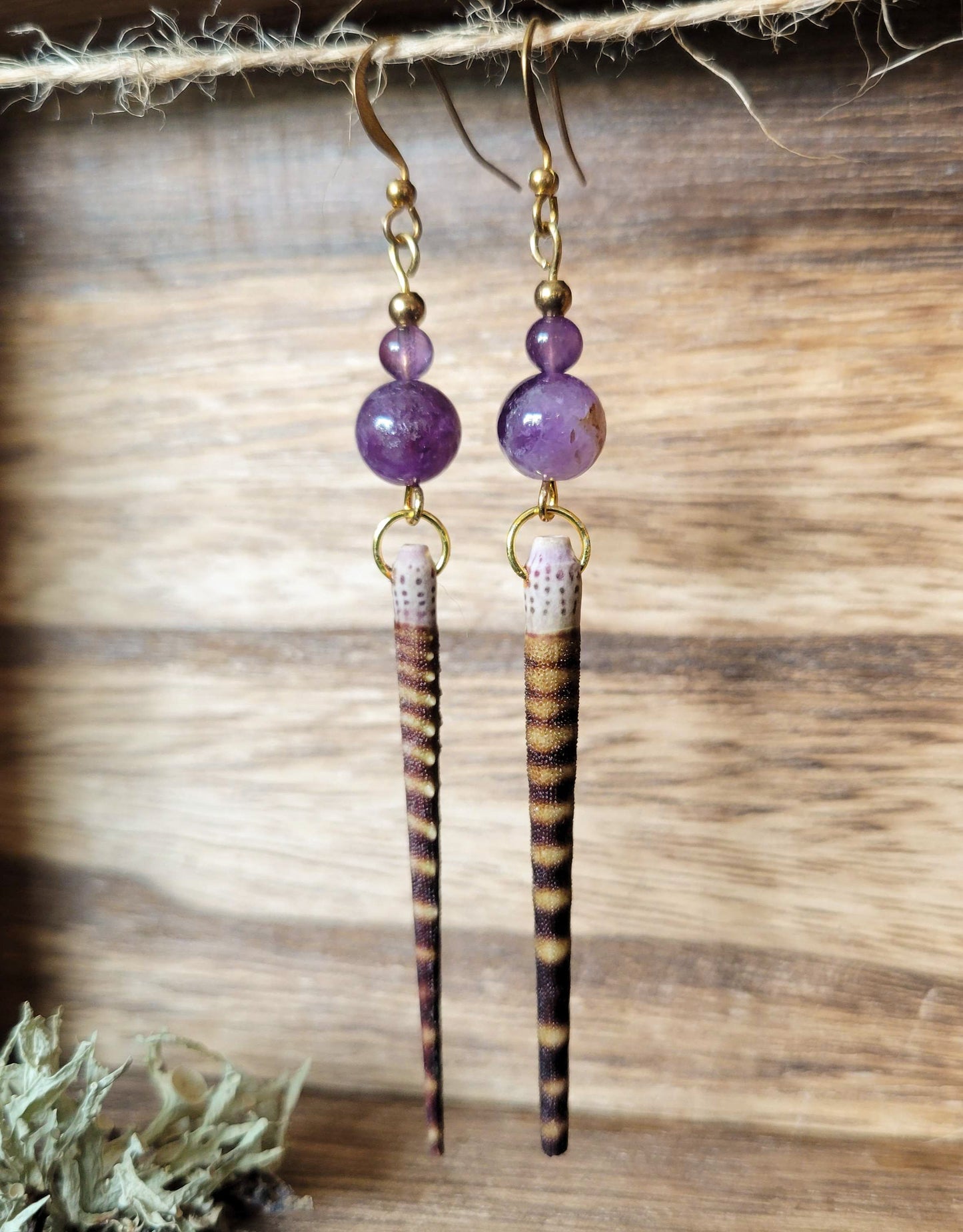 Gold Tone Urchin Spine and Amethyst Earrings