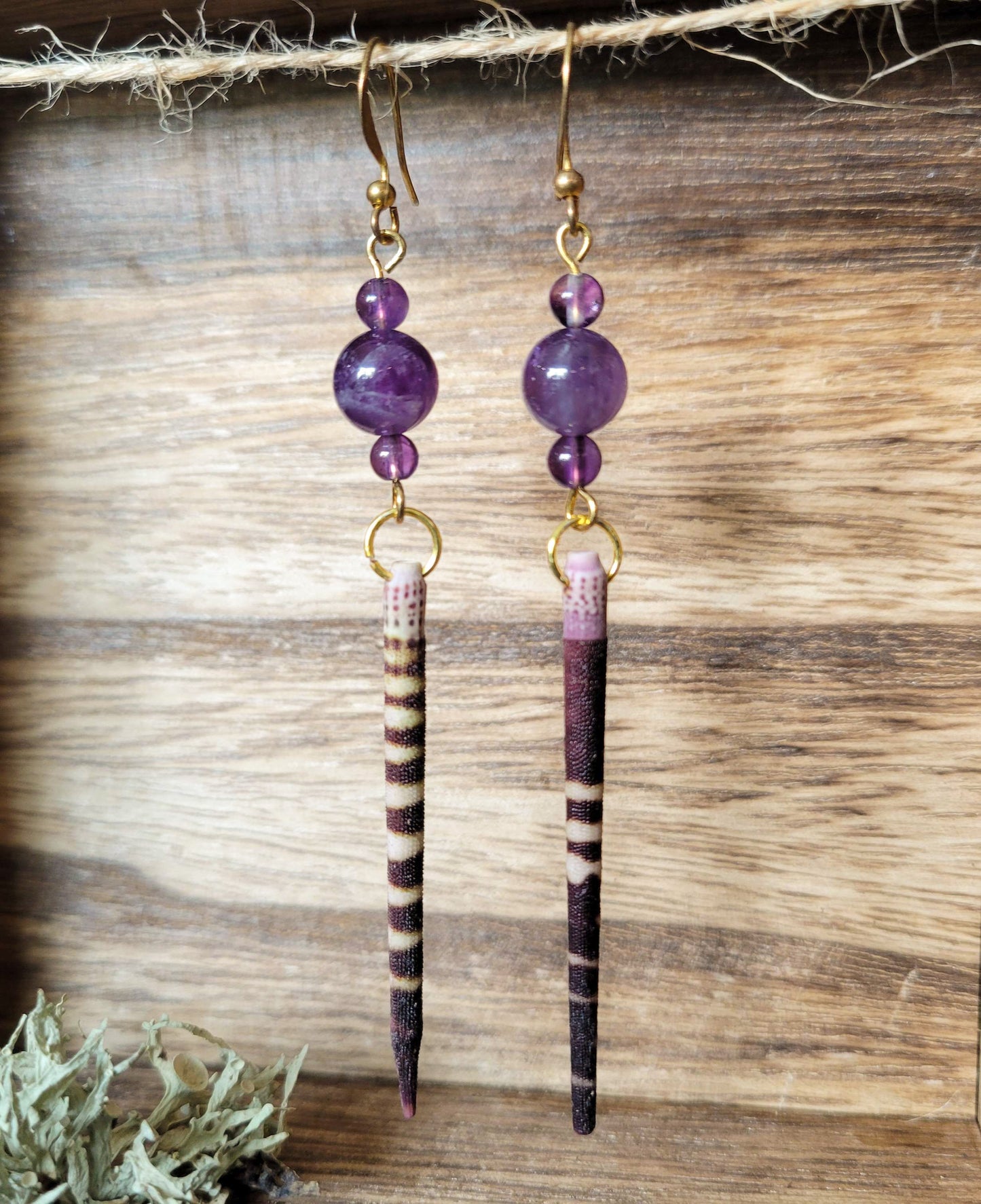 Gold Tone Urchin Spine and Amethyst Earrings