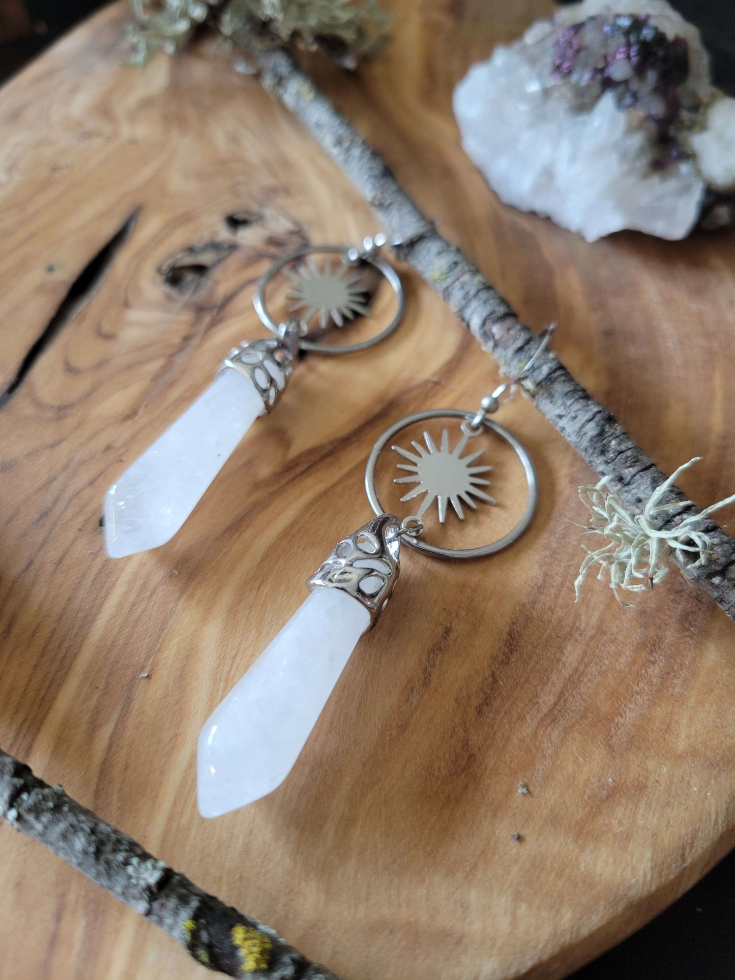 Quartz Pendulum and Sun Earrings