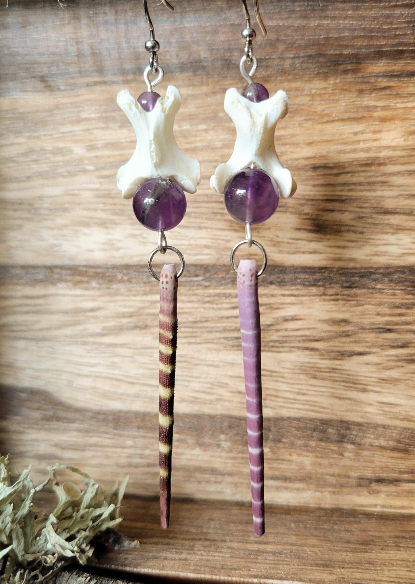Silver Tone Urchin Spine and Amethyst Earrings