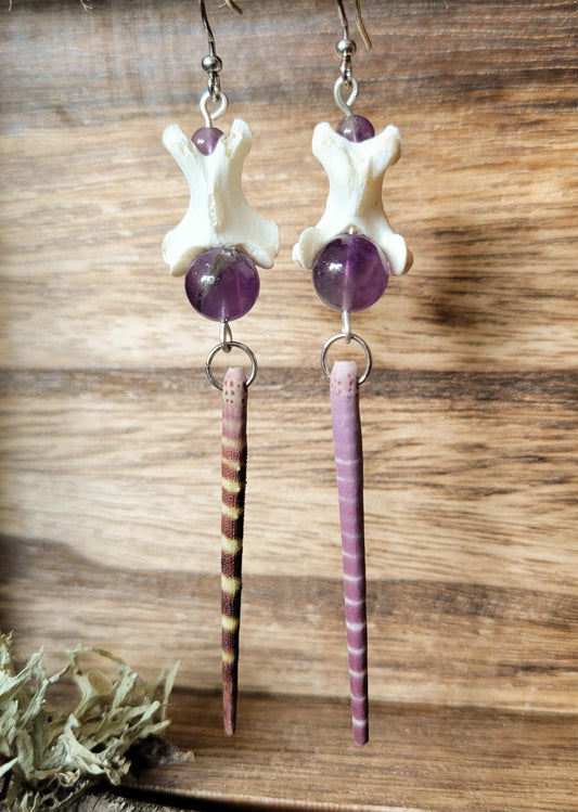 Silver Tone Urchin Spine and Amethyst Earrings
