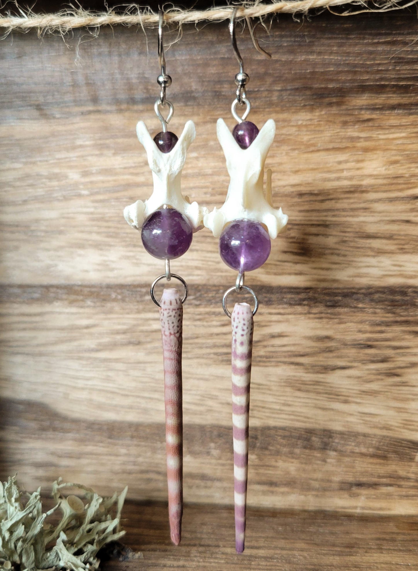 Silver Tone Urchin Spine and Amethyst Earrings