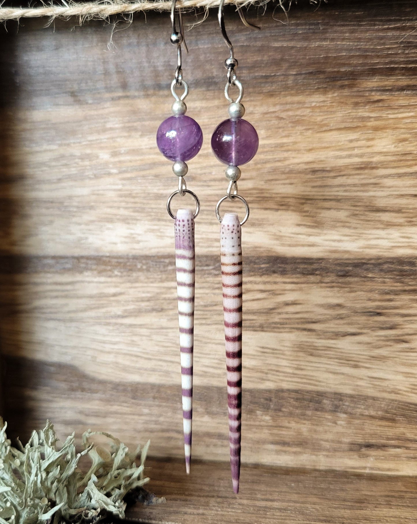Silver Tone Urchin Spine and Amethyst Earrings